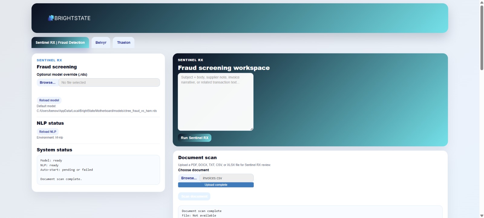 SentinelQX fraud screening workspace